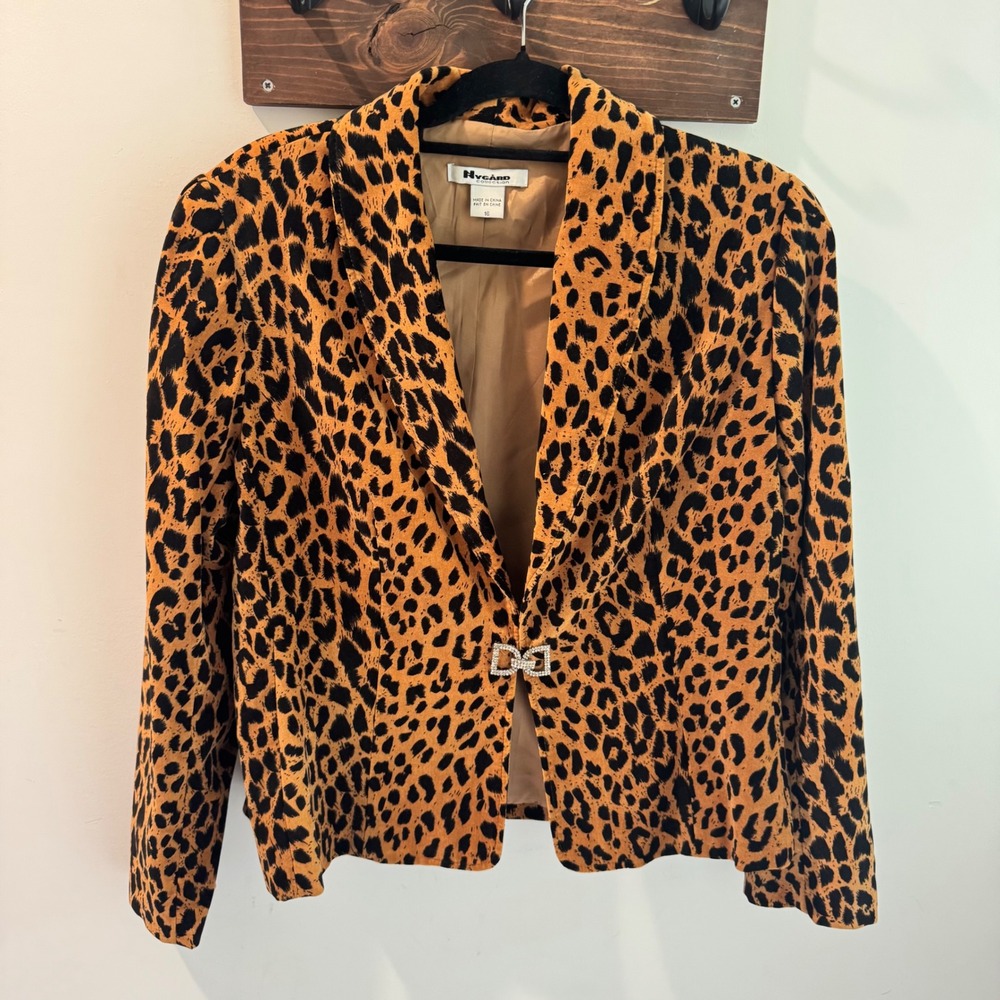 Nygard Collection Leopard Print Velvet Blazer Rhinestone Bow Buckle Brown Tan 16